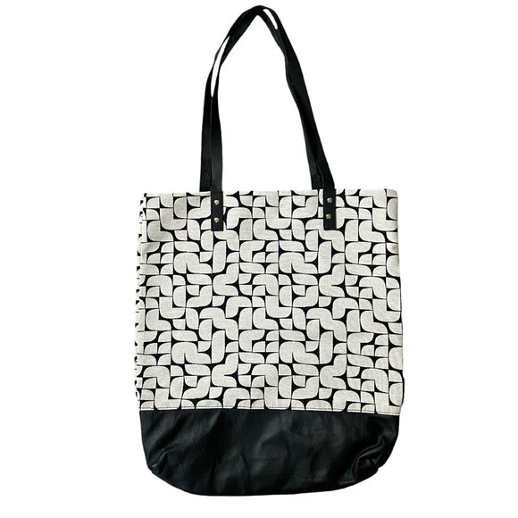 Nienkamper women's cream and black geoprint fabric and leather tote shoulder bag - Picture 1 of 7